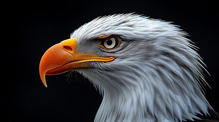 Fototapeta premium Close-up portrait of a majestic bald eagle with a sharp gaze and a powerful beak, isolated against a black background.