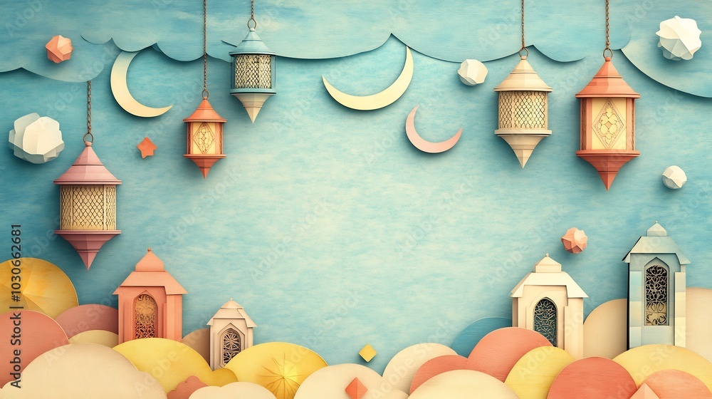 Poster playful paper cut style scene filled with whimsical lanterns and crescent moons arranged in a colorf