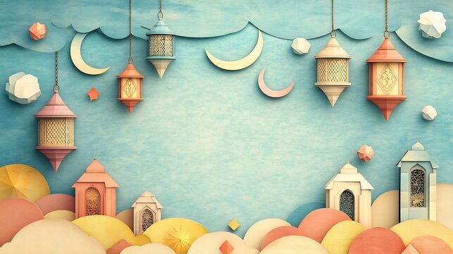 Playful paper cut style scene filled with whimsical lanterns and crescent moons arranged in a colorful patchwork design on a light background with space for text at the top