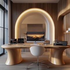 Modern home office with wooden desk, white chair, and archway with warm lighting.