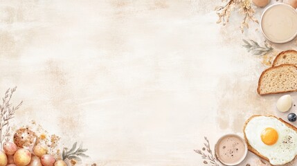 Watercolor Breakfast Food Background with Copy Space
