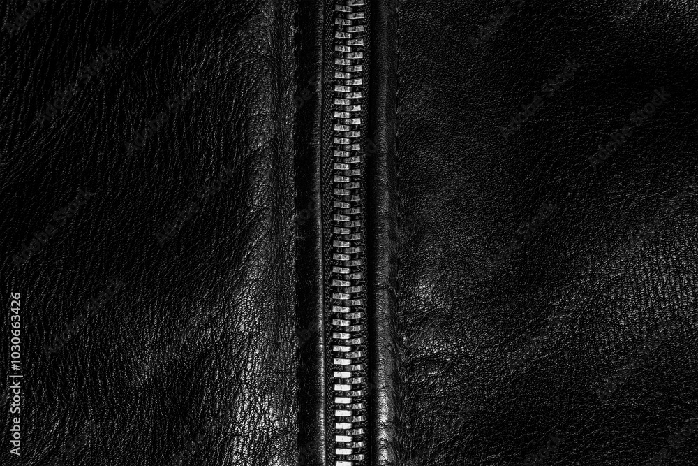 Wall mural black leather background with zipper. photo of black leather texture with zip fastener