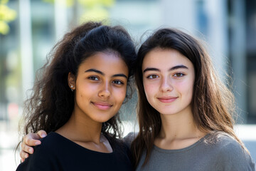 Close-Up of Two Teen Girls Smiling Outdoors, Portrait of two teen girls standing close together,...