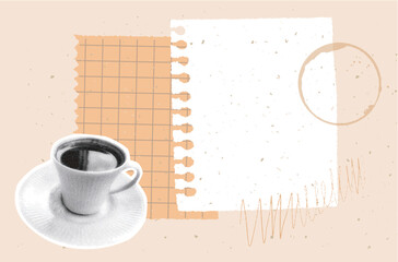 Journal pages collage, morning notes with coffee and paper, productivity vector at pastel orange background