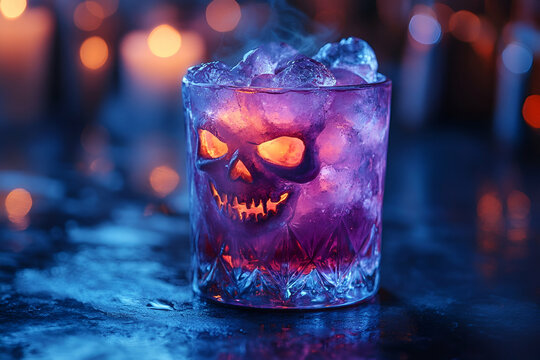 A vibrant, spooky cocktail in a skull glass with glowing eyes and swirling smoke, perfect for Halloween or themed parties. - Powered by Adobe