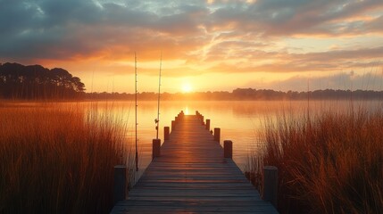 Fototapeta premium A wooden pier extends into a calm lake at sunrise, with two fishing rods propped up against a railing, ready for a day of fishing.