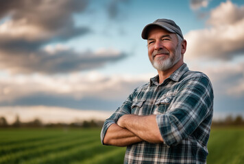 a middle-aged farmer standing in his field with arms crossed