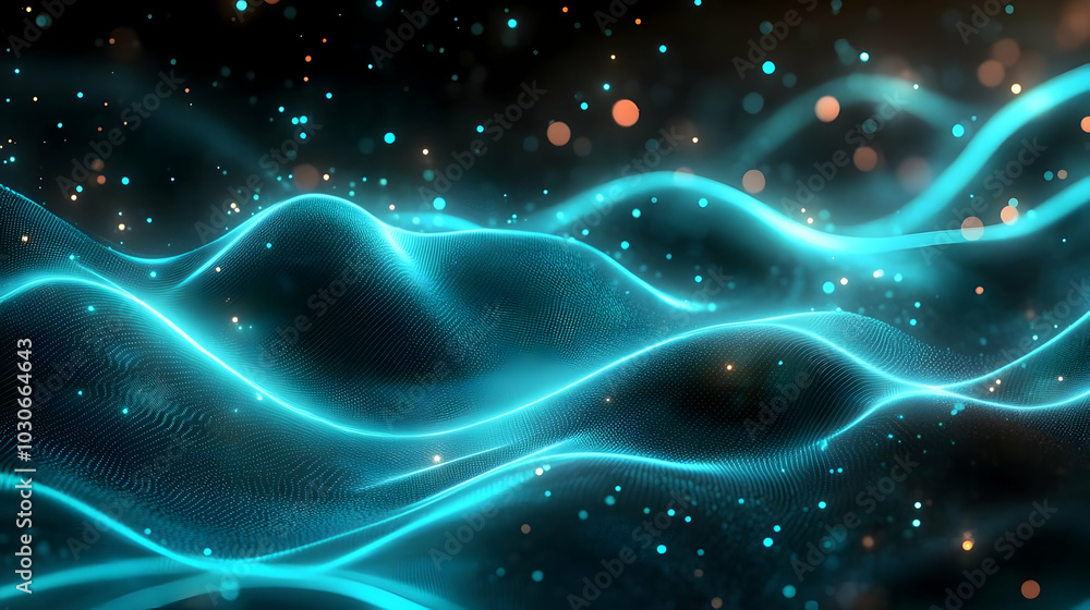 Poster abstract glowing waves with particles creating a dynamic visual effect.