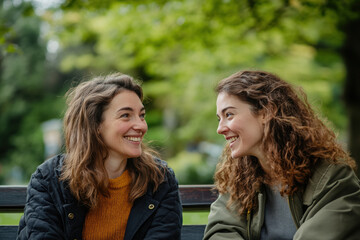 Fototapeta premium Two Women Smiling and Chatting on a Park Bench, Two women smiling warmly at each other while sitting on a park bench, enjoying a relaxed conversation in a natural outdoor setting.