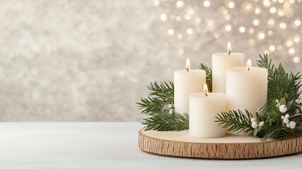 A beautiful arrangement of white candles rests atop lush evergreen branches, surrounded by soft golden ornaments, all illuminated by twinkling holiday lights in the background