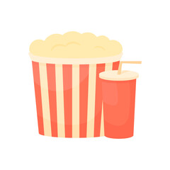 Classic popcorn in a red striped cup and a movie drink in a red cup with a straw in cartoon style on a white isolated background. Standard snack before watching a movie. Food at the cinema