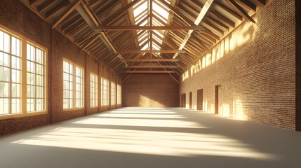 61. A large, empty warehouse with exposed brick and wooden beams