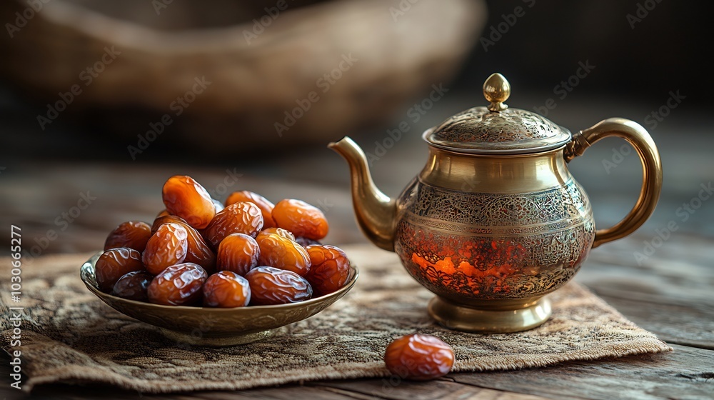 Poster ramadan setting with traditional tea in a brass pot served next to a bowl of dates the dark backgrou
