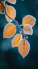 Obraz premium Close up shot, yellow leaves covered in frost, depth of field