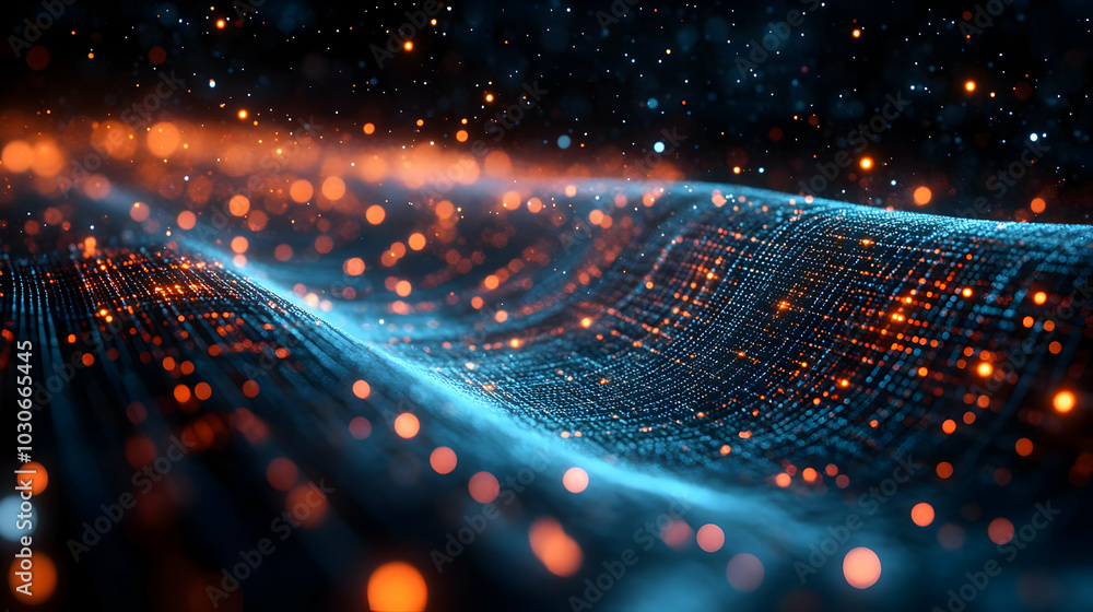 Poster abstract visualization of flowing particles in vibrant colors.