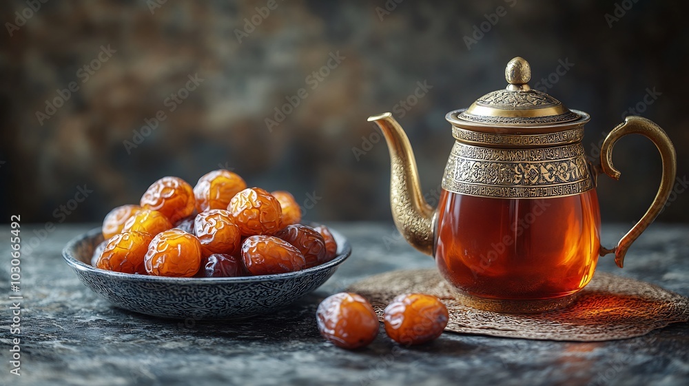 Poster ramadan setting with traditional tea in a brass pot served next to a bowl of dates the dark backgrou