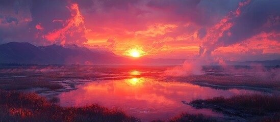 Fototapeta premium A serene landscape with a lake reflecting a vibrant sunset and steam rising from the water. The mountains in the background are silhouetted against the fiery sky, creating a dramatic 