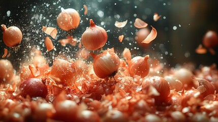 Fresh Onions Flying in a Dynamic Kitchen Scene