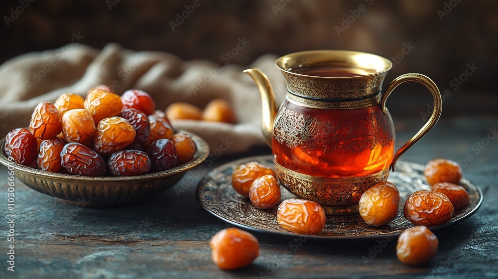 Poster Ramadan setting with traditional tea in a brass pot served next to a bowl of dates The dark background enhances the warmth of the tea with soft light highlighting the fruits Space for text on the left