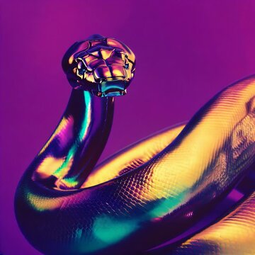  Iridescent Snake Close-up in Vibrant Colors Against Purple Background