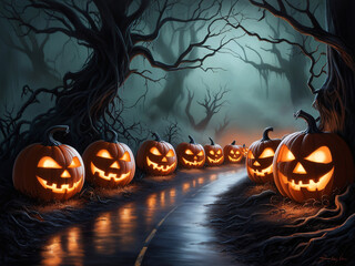 Halloween scary pumpkin road, Ghost road, Dark misty, horror theme