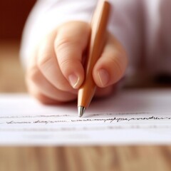 A close-up of a child's hand holding a pen, writing on a piece of paper, showcasing creativity and learning.