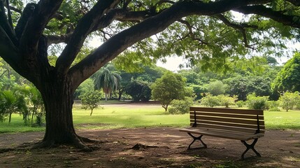 43. A rustic wooden bench under a large tree in a park