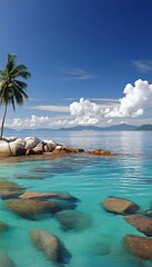 Exotic Tropical Paradise Idyllic Crystal Clear Lagoon with Palm Tree and White Sand Beach,