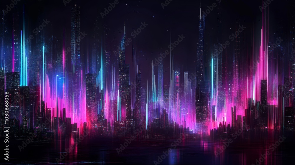 Poster an abstract highway path through digital binary towers in a city. concepts: big data, machine learni