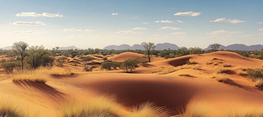 Obraz premium Red sand dunes of the Namib Desert, Namibia, with green vegetation and mountains on the horizon.