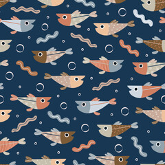 Beige and navy fish vector pattern for kids
