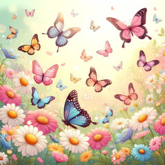 Obraz premium a blooming garden full of butterflies in brilliant shades, gently drifting in the breeze with soft sunlight filtering through, casting a serene glow on the scene.