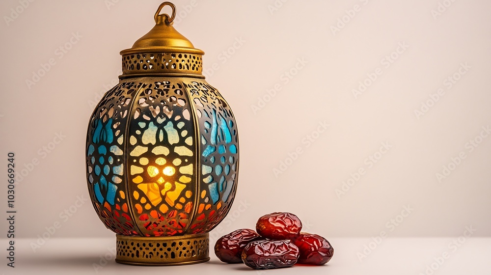 Poster ramadan themed image showcasing a traditional colored lantern with golden accents placed next to dat