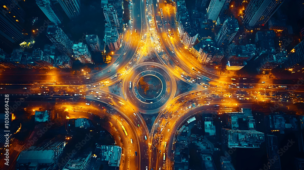 Poster Aerial view of a busy circular intersection illuminated at night.