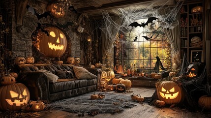 Fototapeta premium Halloween-themed living room with jack-o'-lanterns, spooky cobwebs, and black bats flying across the ceiling. Spider decorations add to the eerie yet fun atmosphere.