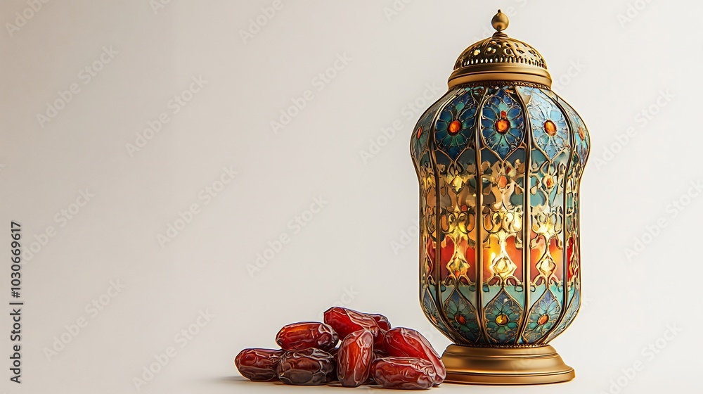Poster ramadan themed image showcasing a traditional colored lantern with golden accents placed next to dat