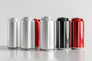 3D render of aluminum slim cans in silver, white, black, and red, on an isolated white background, showcasing a beer can mockup template