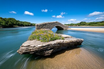 Ancient stone bridge spanning a river with wildflowers growing along the banks in the Westcountry