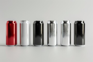 3D render of aluminum slim cans in silver, white, black, and red, on an isolated white background, showcasing a beer can mockup template