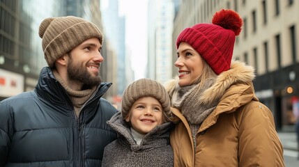 Obraz premium Family Enjoying Winter in Cozy Hats and Jackets