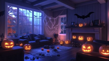 Living room decorated for a Halloween party with glowing jack-o'-lanterns, fake spiders, and cobwebs across the windows. Bats and eerie lighting complete the spooky decor.