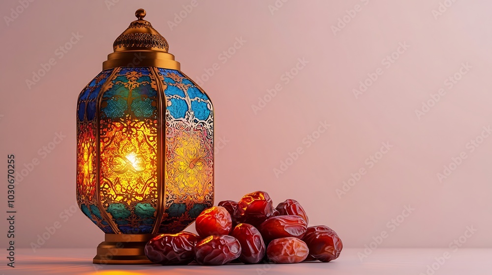Poster ramadan themed image showcasing a traditional colored lantern with golden accents placed next to dat