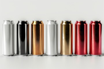 3D render of aluminum slim cans in silver, white, black, and red, on an isolated white background, showcasing a beer can mockup template