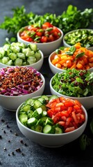 A variety of fresh salads in bowls, showcasing vibrant ingredients.