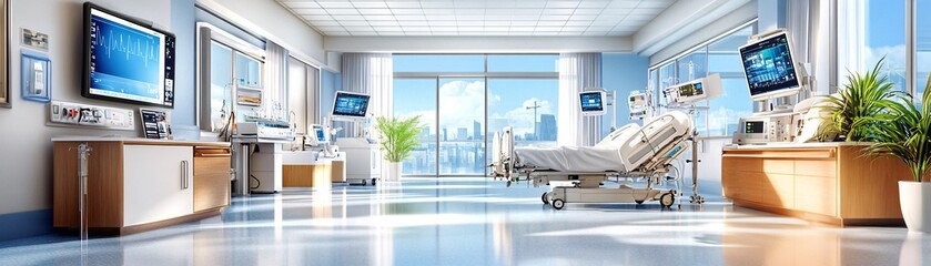 Modern Hospital Room with City View.