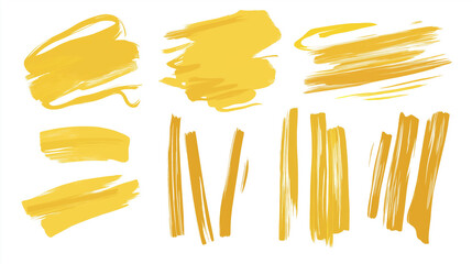 Yellow Brushstroke Patterns on White Canvas. Yellow Brush Strokes Clip Art Set.
