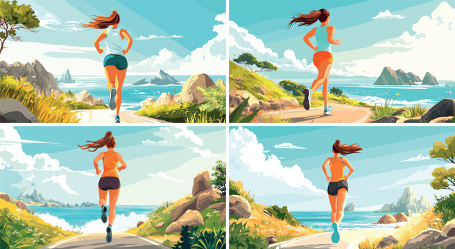 Running girl cartoon vector scenes. Woman jogging female marathon back view sport character workout sea ocean road coast shore mountains landscape isolated illustrations