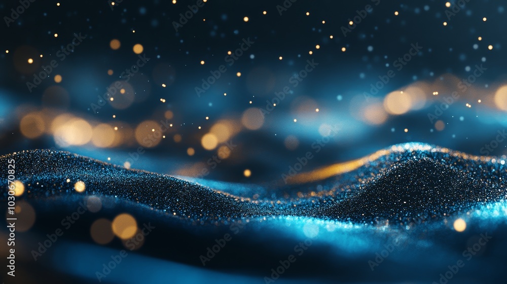 Poster flickering particles with bokeh effect over glitter light blue particles stage.