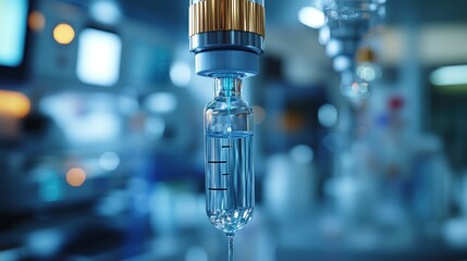Close-up of a syringe filled with liquid in a clinical setting.