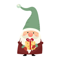 Christmas gnome Santa with gift in hands in flat festive style on white isolated background. Vector Santa with gift - symbols of warm and cozy Christmas holiday. For postcards, posters, banners.